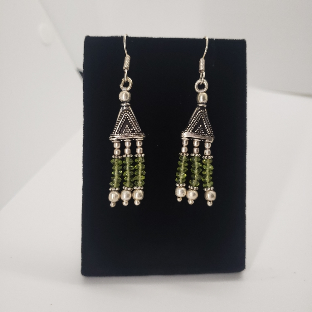 Silver Boho Green Hand Beaded Dangle Earrings